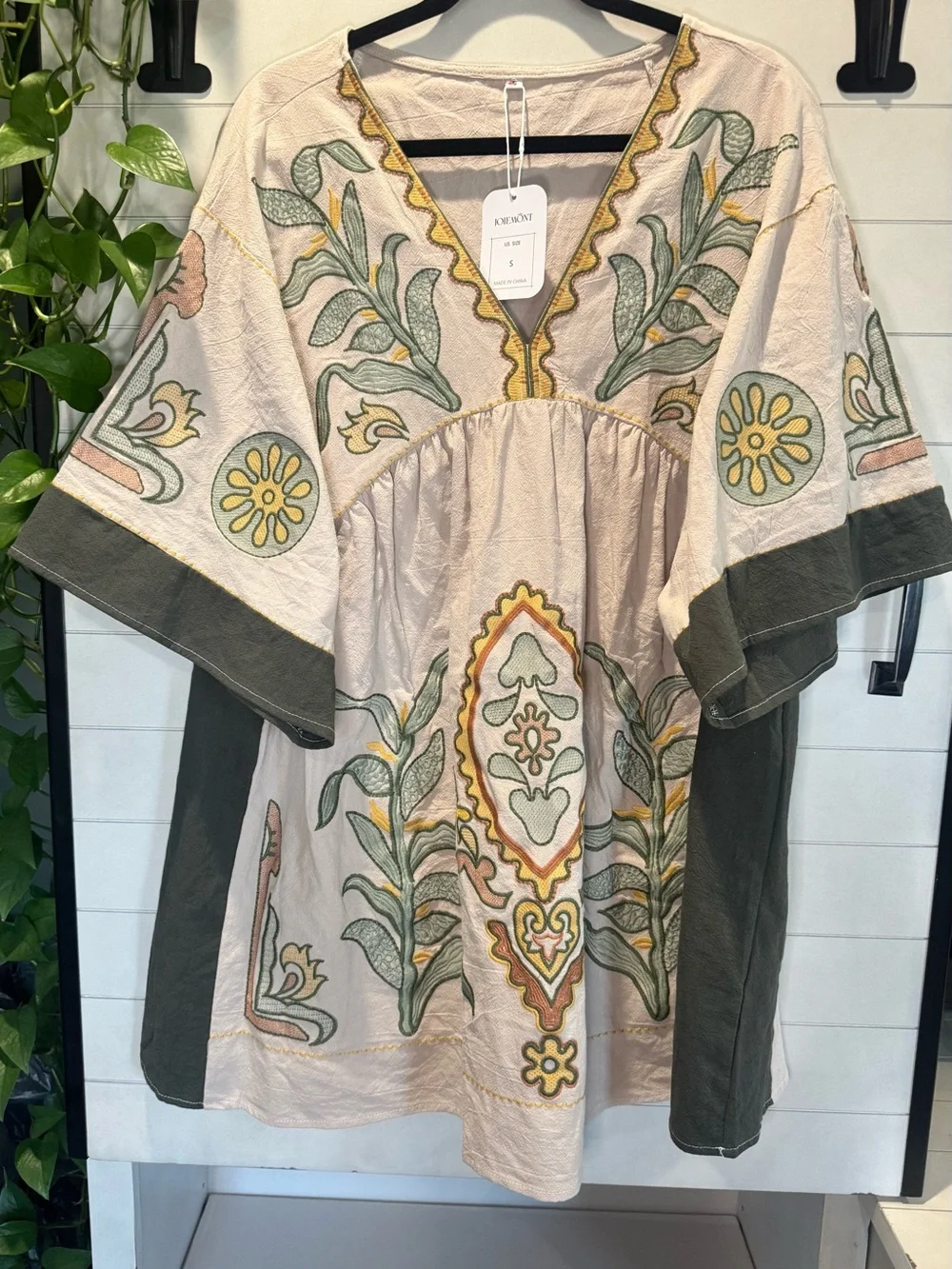 Embroidered Mini Dress in Light Pink & Olive - Picture 1 of 3